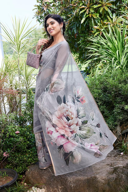 Printed Women's Organza Saree Design with Blouse Piece