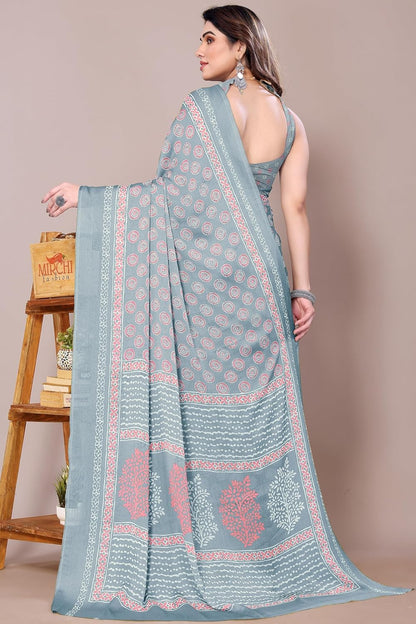 Women's Chiffon Block Printed Saree with Blouse Piece