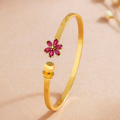 Ruby Flower Bangle Bracelet (Adjustable Size)
