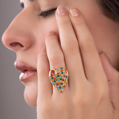 Multi-Color Crystal Studded Heart-Shaped Ring