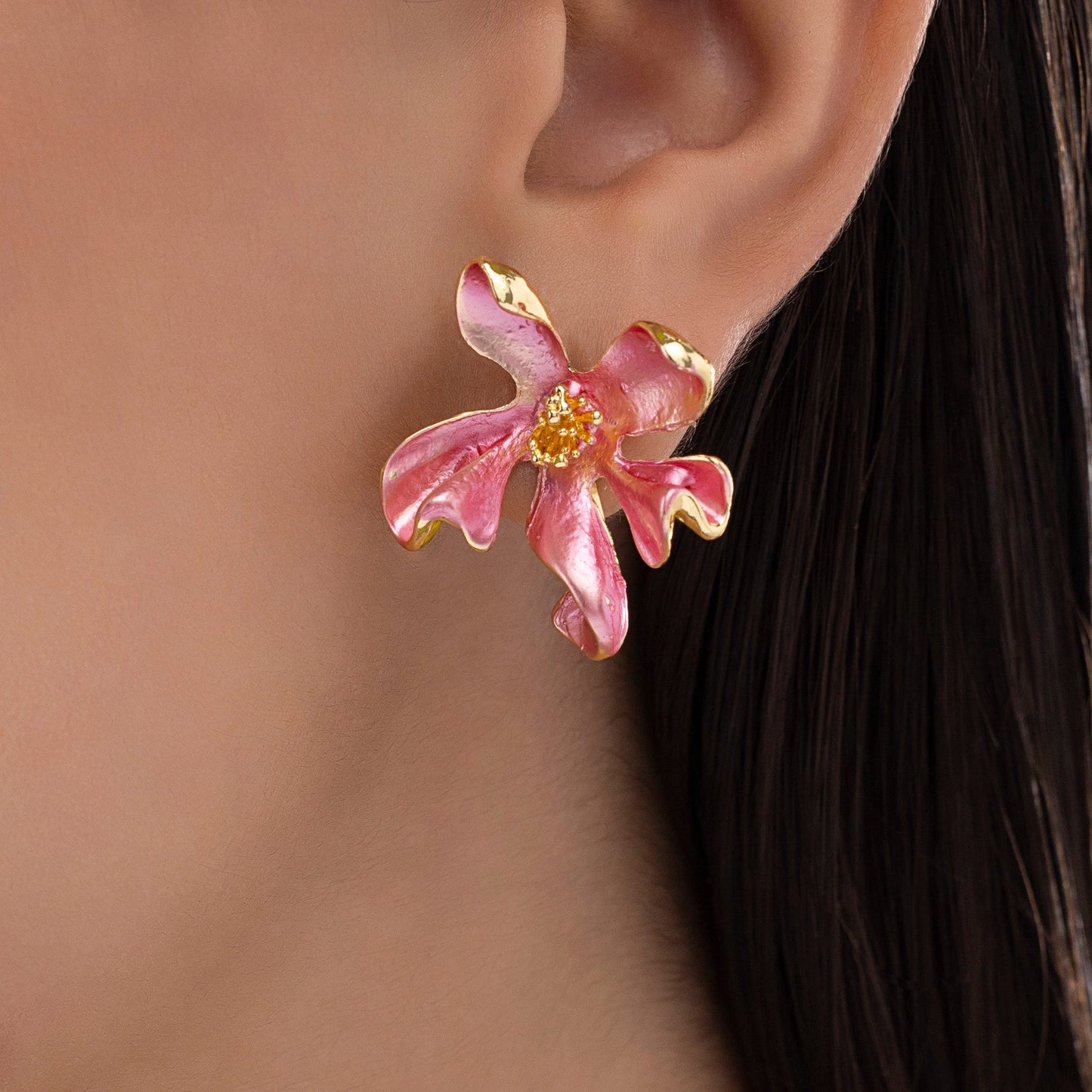 Pink Enamel Lily Flower Studs