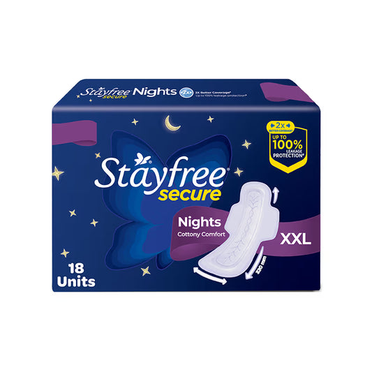 Stayfree Secure Nights Sanitary Pads with Cottony Soft Cover for Comfort - XXL - Pack of 18