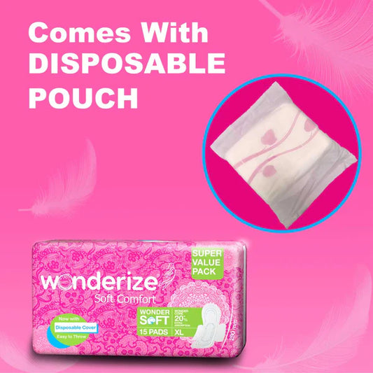 Wonderize Soft Comfort Cotton Sanitary Napkins For Women, 15 Pads, Size - Extra Large with Disposable Bags, Super Saver Pack,Soft Cotton Topsheet for Extra Comfort and Rash Free Periods